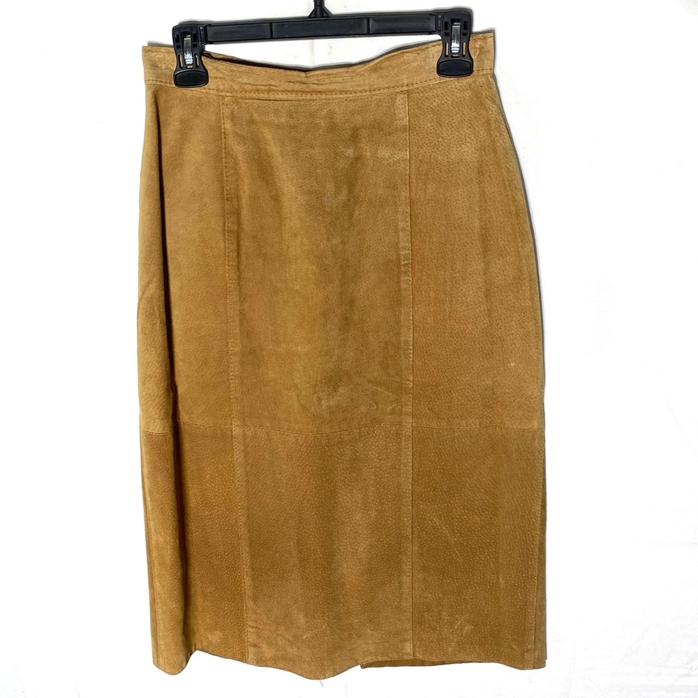 Vintage 90s Ricki’s Chorus Line Tan Suede Knee Length Pencil Skirt M Boho Twee